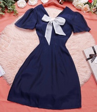 Đầm dự tiệc sang trọng thiết kế chữ a cổ v tay phồng cao cấp thời trang dự tiệc cưới đi làm đính nơ