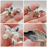 Real Silver Brooch Decorated With Pearls Akoya Second-Hand Japanese Work