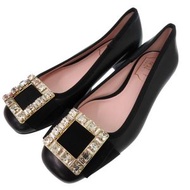 全新未使用 Roger Vivier 黑色皮革水晶搭扣高跟鞋/平底鞋 (1367) [二手] Roger Vivier