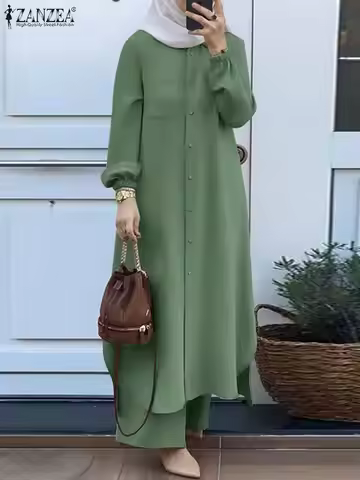 ZANZEA Autumn Muslim Sets Turkey Dubai Abaya Women Long Sleeve Shirt Set Causal Pants Suits Abayas F