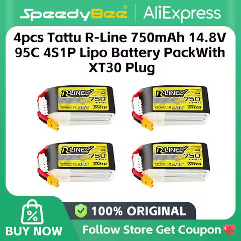 4pcs Tattu R-Line 750mAh 14.8V 95C 4S1P Lipo Battery Pack With XT30 Plug