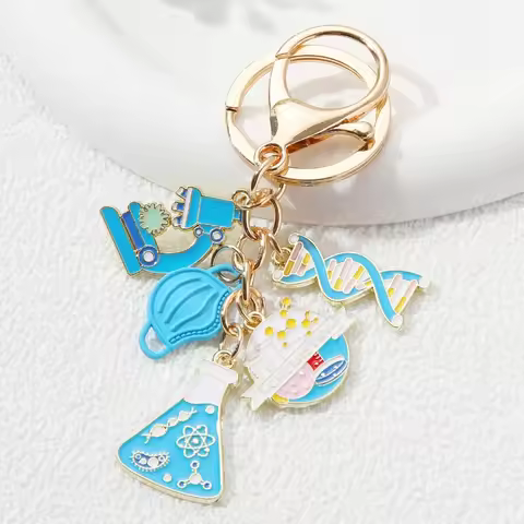 Cartoon Measuring Cup Microscope Molecule Enamel Keychain Scientific Tools the Best Gift For Scienti