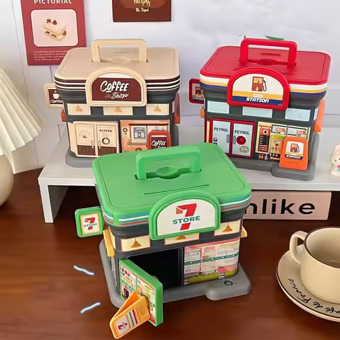 Creative Store Shaped Money Box Plastic Portable Piggy Bank Key Lock Security Safe Savings Jar Kids 