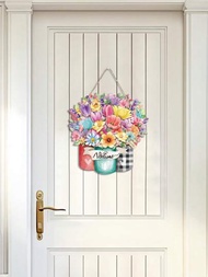 1個歡迎花朵木製掛牌,農舍門裝飾,春季派對木質招牌牆飾,適用於室內外
