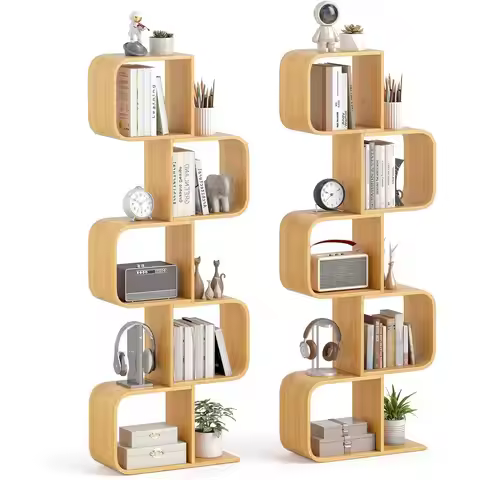 5-Tier Bamboo S-Shaped Bookshelf with Open Cubes - Natural Geometric Display Storage for Living Room