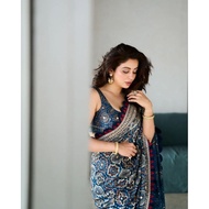 Ajrak Printed Silk Saree | Real Mirror Handwork & Sequins Embroidery | PREORDER | No COD