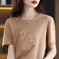 High-end 100 Mercerized Cotton T-Shirt Women Round Neck Hand-Embroidered Half-Sleeve Sequined Little Swan Sli