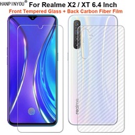 For Realme X2 / XT 6.4" 1 Set = Back Carbon Fiber Film Sticker + Clear Front Clear Tempered Glass Screen Protector Guard