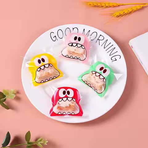 100PCS Monster Pattern Self-Adhesive Plastic Cookie Candy Bags Portable for Kids School Snack Storag