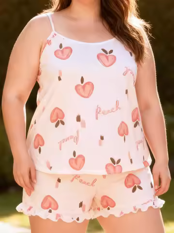Plus Size Women's Spring Summer Loungewear Set Sweet Girly Peach Print Cami Top with Shorts Soft Paj