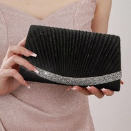 Black Mini Glitter Evening Bag Glamorous Pleated Square Bags Sparkly Rhinestones Decor Flap Bag Meta