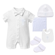 Christening Outfit for Baby Boy 0 3 Months Cotton Romper Thin Style Short Sleeve Bodysuit Baptismal 