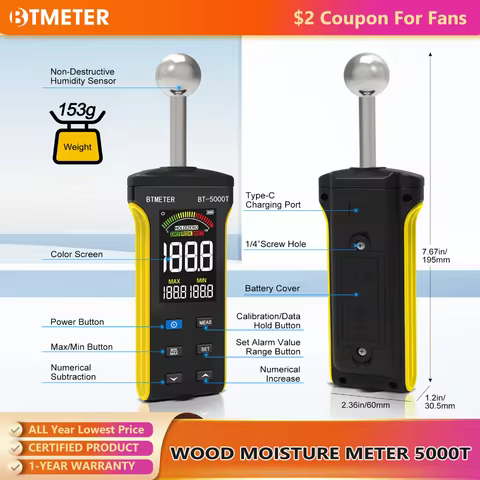 BT-5000T Pinless Wall Humidity Detector - Wood Moisture Meter 20-40mm Depth WET/RISK/DRY Alarm Wall 