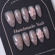 Handmade Almond Shaped Nail Stickers In Light Pink Y2K Style & 3D Hand Carved Pearl Inlay & Hand Dra