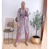 Setelan Tunik Wanita Camilla Motif Bunga Set Long Tunik Rayon Diamond Mix Celana Kulot Crinkle Kekin