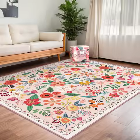 8' X 10' Washable Rug Boho Floral Rug Low Pile Indoor Carpet Non Slip Floor Carpet for Large Living 