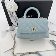 Chanel 2022 Caviar Leather Light Blue Quilted Mini Coco Handle Flap Bag with Champagne-gold toned Ha