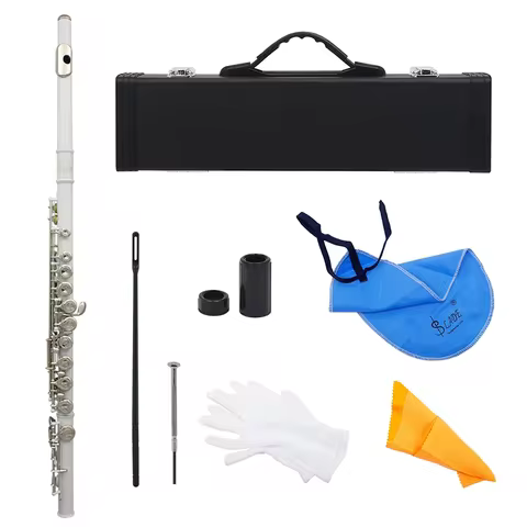 SLADE White 16 Holes Flute Professional C Key Flute Closed Open Plated Concert Flute with Box Cleani