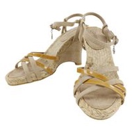 Pre-owned Chanel Coco Mark Charm Sandals, Wedge Sole, Suede and Patent Leather, Made in Italy, Beige