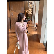 ชุดเดรสยาวคอวีผูกโบว์สีน้ำตาล ACHI ทรงเข้ารูป แขนยาว ผ้าชีฟองผสมโพลีเอสเตอร์ ผ้าไหม พิมพ์ลายฤดูใบไม้