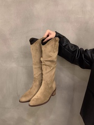 XUJIA| Giày Boots Cowboy Cổ Cao Phong Cách Cổ Điển