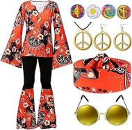 17Pcs 60s 70s Outfits for Women Hippie Costume Set Disco Outfit Dress Boho Flared Pants Hippie Shirt