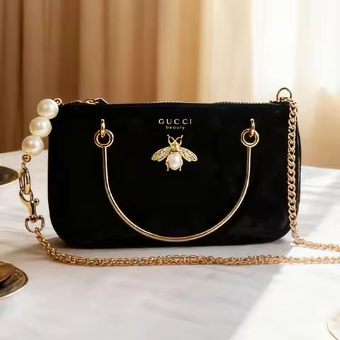 Gucci Gucci’s bag Women Black Velvet Insect Element Chain Crossbody Cosmetic Bag Fashion Daily Shoul