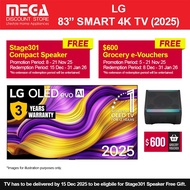 LG OLED83G5PSA 83" OLED EVO G5 4K SMART TV | Free WMT | Free $600 Grocery Vouchers & Speaker By LG -