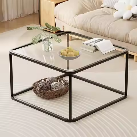 Modern Square Glass Coffee Table with Metal Frame, Easy Assembly for Living Room or Office, Black, 2
