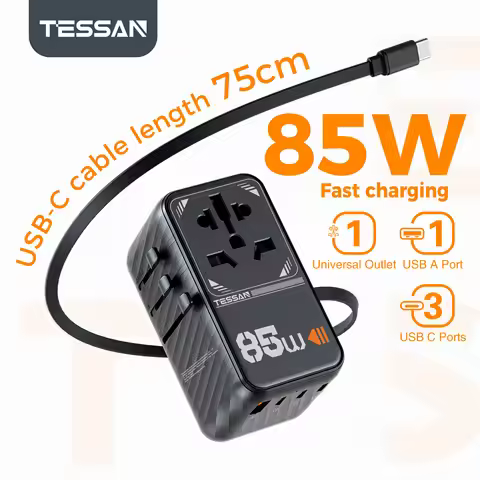 TESSAN 85W GaN Universal Travel Adapter with 1 USB 3 Type C 1 USB C Cable International Plug Wall Ch