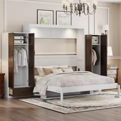 White Queen Size Murphy Bed with Closet, Drawers and Desk, Wall Mounted Wooden Bed Queen Size Murphy