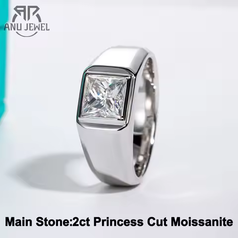 AnuJewel 2ct Princess Cut D Color Moissanite Engagement Men Ring Gold Plated S925 Silver Luxury Ring