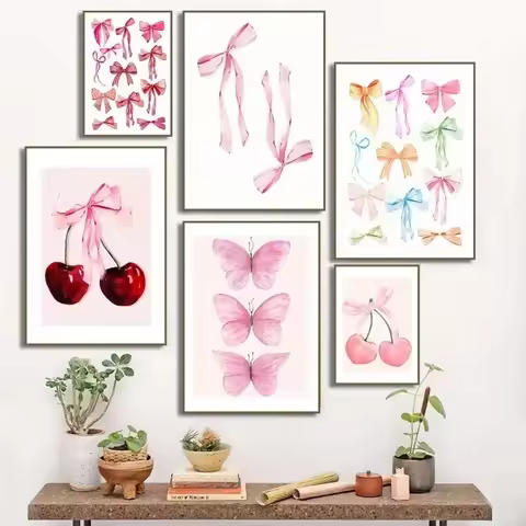 Painting for Room Office School Decoration Fashion Pink Bows Cherry Ball Zebra Wall Art Poster Canva