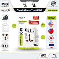 Anitech Model H108UC Travel Adaptor Type-C 18W./ USB-A 3.1A./ 2-Pin Flat Plug/1 Brass Socket