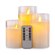 Set of 3 Glass Flameless LED Candles Real Wax Pillars & Moving Flame Wick and Remote with Timer, Bat