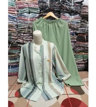 SETELAN CRINKLE TRISET JUMBO TERBARU / SET BOTEGA WANITA MOTIF KEKINIAN COMBINASI CELANA POLOS TERLA