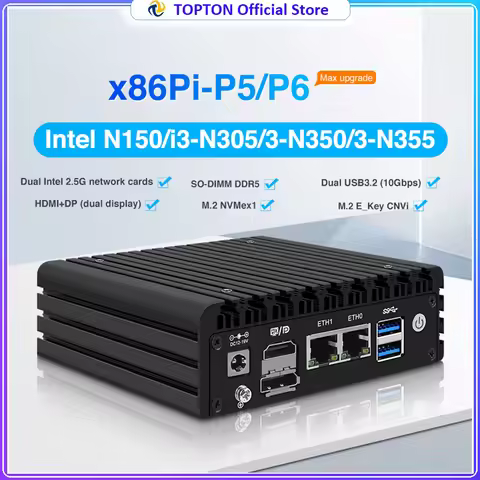 Topton NAS Mini PC Fanless P5 P6 Intel 3-N355 N350 N150 Max 7*M.2 NVMe or 6*SATA Kit DDR5 2x2.5G LAN