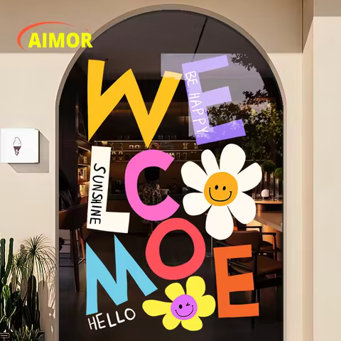 AIMOR Customized Logo Window Film Decoration Creative Stickers Shop Glass Door UV Smiley Face Transp