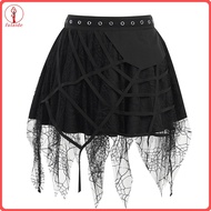 fulaide Elastic Waist Big Hem Gothic Punk Metal Holes Design Women Skirt Halloween Spider-Web Decor 