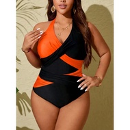 Plus Size One Piece Swimsuit Black and Orange 2XL