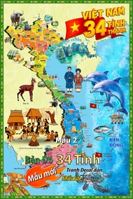 Mẫu 2 Hot! Tranh Decal Bản Đồ Việt Nam 34 tỉnh (sẵn keo lột dán)
