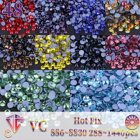 VC Multi-color SS6-SS30 Glass Crystal HotFix Rhinestones Flatback Iron On Stones For DIY Nail Art Fa
