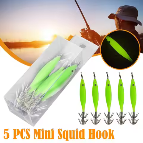 5pcs/Set Luminous Blowing Tube Octopus Jig Hook Wood Shrimp Bait Squid Hook Cloth Roll Sea Fishing E