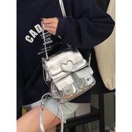 Online Famous Silver Double Shoulder Backpack Small Chain Travel Backpack Easy to Coordinate