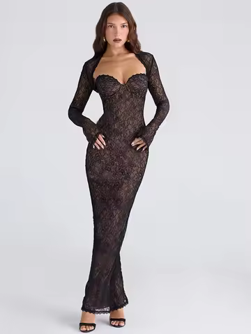 JULISSA MO Autumn New Long Sleeve Stretch Lace Women Dress Black Low Chest Print Floral Skinny Elega