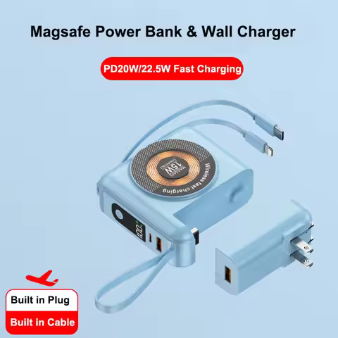 20000mAh Magsafe Power Bank With Removable Cable AC Plug Wall Charger 22.5W Fast Charging for iPhone