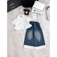 NB350 Set áo sơ mi bánh bèo 4 màu kèm quần denim phối ren cho bé gái