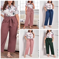 Plus size floral terno print tie neck blouse and belted wide leg pants