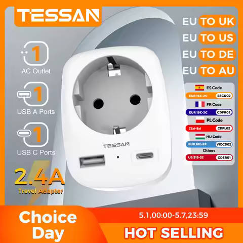 TESSAN EU To UK US DE AU Travel Adapter Portable Wall Socket with 1 Outlet 2 USB Type C Ports Type G