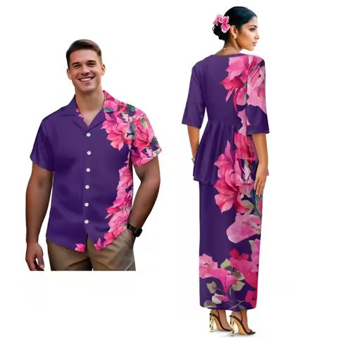 Ruffle Hem Puletasi Dress Set & Men's Hawaiian Aloha Shirt Couples Matching Outfit Custom Hawaiian T